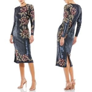 MAC DUGGAL 93624
SEQUINED ASYMMETRICAL FLORAL LONG SLEEVE MIDI
MIDNIGHT DRESS 10